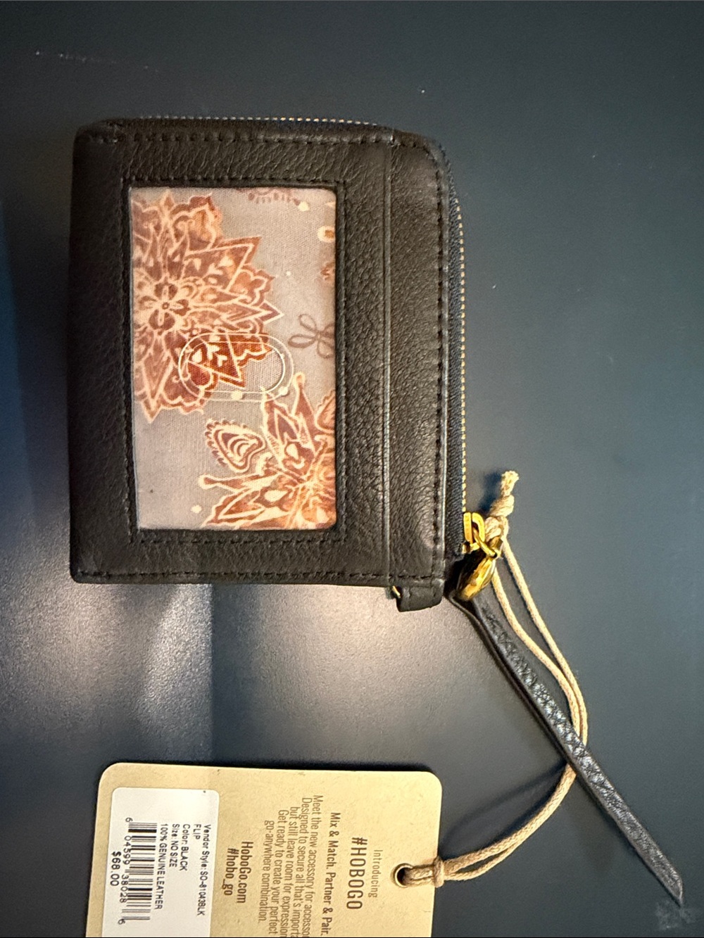 HOBO Black Leather Zip Card Wallet with Floral ID Window and Wrist Strap
